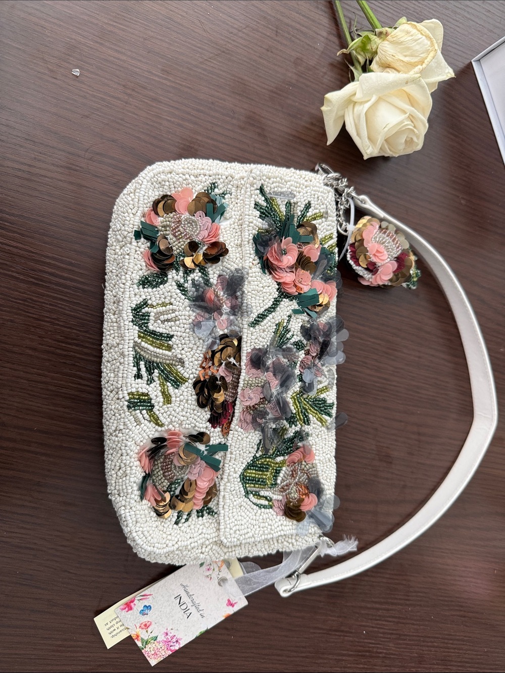 White Beaded Floral Evening Clutch with Pink & Green Embroidery